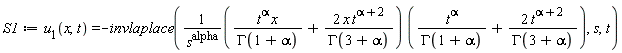 S1 := u[1](x, t) = -invlaplace((t^alpha*x/GAMMA(1+alpha)+2*x*t^(alpha+2)/GAMMA(3+alpha))*(t^alpha/GAMMA(1+alpha)+2*t^(alpha+2)/GAMMA(3+alpha))/s^alpha, s, t)