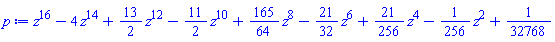 z^16-4*z^14+(13/2)*z^12-(11/2)*z^10+(165/64)*z^8-(21/32)*z^6+(21/256)*z^4-(1/256)*z^2+1/32768