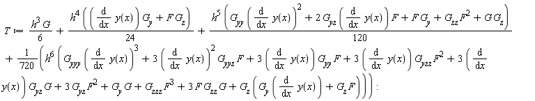 T := (1/6)*h^3*G+(1/24)*h^4*((diff(y(x), x))*G[y]+F*G[z])+(1/120)*h^5*(G[yy]*(diff(y(x), x))^2+2*G[yz]*(diff(y(x), x))*F+F*G[y]+G[zz]*F^2+G*G[z])+(1/720)*h^6*(G[yyy]*(diff(y(x), x))^3+3*(diff(y(x), x))^2*G[yyz]*F+3*(diff(y(x), x))*G[yy]*F+3*(diff(y(x), x))*G[yzz]*F^2+3*G[yz]*(diff(y(x), x))*G+3*G[yz]*F^2+G[y]*G+G[zzz]*F^3+3*F*G[zz]*G+G[z]*((diff(y(x), x))*G[y]+F*G[z]))
