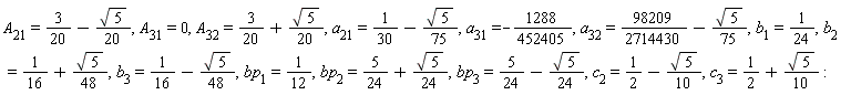 A[21] = 3/20-(1/20)*sqrt(5), A[31] = 0, A[32] = 3/20+(1/20)*sqrt(5), a[21] = 1/30-(1/75)*sqrt(5), a[31] = -1288/452405, a[32] = 98209/2714430-(1/75)*sqrt(5), b[1] = 1/24, b[2] = 1/16+(1/48)*sqrt(5), b[3] = 1/16-(1/48)*sqrt(5), bp[1] = 1/12, bp[2] = 5/24+(1/24)*sqrt(5), bp[3] = 5/24-(1/24)*sqrt(5), c[2] = 1/2-(1/10)*sqrt(5), c[3] = 1/2+(1/10)*sqrt(5)