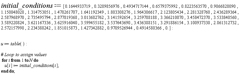 initial_conditions := [.1644933719, .3289856976, .4934717144, .6579375992, .8223563570, .9866828090, 1.150848028, 1.314753051, 1.478261707, 1.641192349, 1.803308276, 1.964306617, 2.123805434, 2.281328760, 2.436289364, 2.587968970, 2.735495794, 2.877819368, 3.013682762, 3.141592654, 3.259788188, 3.366210070, 3.458472370, 3.533840560, 3.589220824, 3.621167336, 3.625916040, 3.599455182, 3.537643690, 3.436388151, 3.291886154, 3.100937330, 2.861312732, 2.572157998, 2.234388242, 1.851015873, 1.427342882, .9709526944, .4914580366, 0.]; u := table(); for i to N do u[i] := initial_conditions[i] end do