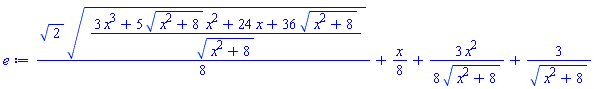 (1/8)*2^(1/2)*((3*x^3+5*(x^2+8)^(1/2)*x^2+24*x+36*(x^2+8)^(1/2))/(x^2+8)^(1/2))^(1/2)+(1/8)*x+(3/8)*x^2/(x^2+8)^(1/2)+3/(x^2+8)^(1/2)