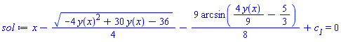 x-(1/4)*(-4*y(x)^2+30*y(x)-36)^(1/2)-(9/8)*arcsin((4/9)*y(x)-5/3)+c__1 = 0