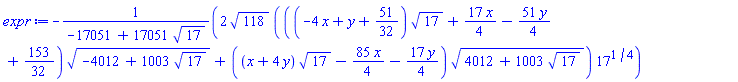 -2*118^(1/2)*(((-4*x+y+51/32)*17^(1/2)+(17/4)*x-(51/4)*y+153/32)*(-4012+1003*17^(1/2))^(1/2)+((x+4*y)*17^(1/2)-(85/4)*x-(17/4)*y)*(4012+1003*17^(1/2))^(1/2))*17^(1/4)/(-17051+17051*17^(1/2))