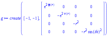 g := create([-1, -1], Matrix(4, 4, {(1, 1) = exp(2*phi(r)), (1, 2) = 0, (1, 3) = 0, (1, 4) = 0, (2, 1) = 0, (2, 2) = -exp(2*nu(r)), (2, 3) = 0, (2, 4) = 0, (3, 1) = 0, (3, 2) = 0, (3, 3) = -r^2, (3, 4) = 0, (4, 1) = 0, (4, 2) = 0, (4, 3) = 0, (4, 4) = -r^2*sin(th)^2}))