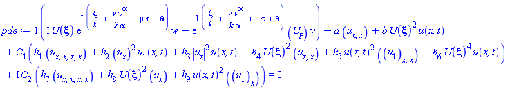 I*(I*U(xi)*exp(I*(xi/k+v*tau^alpha/(k*alpha)-mu*tau+theta))*w-exp(I*(xi/k+v*tau^alpha/(k*alpha)+mu*tau+theta))*(diff(U(xi), xi))*v)+a*(diff(diff(u(x, t), x), x))+b*U(xi)^2*u(x, t)+C[1](h[1]*(diff(diff(diff(diff(u(x, t), x), x), x), x))+h[2]*(diff(u(x, t), x))^2*u[1](x, t)+h[3]*abs(diff(u(x, t), x))^2*u(x, t)+h[4]*U(xi)^2*(diff(diff(u(x, t), x), x))+h[5]*u(x, t)^2*(diff(diff(u[1](x, t), x), x))+h[6]*U(xi)^4*u(x, t))+I*C[2]*(h[7]*(diff(diff(diff(diff(u(x, t), x), x), x), x))+h[8]*U(xi)^2*(diff(u(x, t), x))+h[9]*u(x, t)^2*(diff(u[1](x, t), x))) = 0