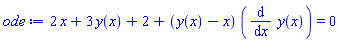 2*x+3*y(x)+2+(y(x)-x)*(diff(y(x), x)) = 0