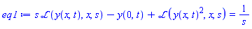 s*laplace(y(x, t), x, s)-y(0, t)+laplace(y(x, t)^2, x, s) = 1/s