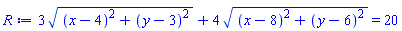 3*((x-4)^2+(y-3)^2)^(1/2)+4*((x-8)^2+(y-6)^2)^(1/2) = 20