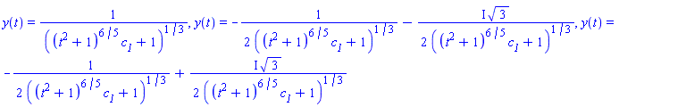 y(t) = 1/((t^2+1)^(6/5)*c__1+1)^(1/3), y(t) = -(1/2)/((t^2+1)^(6/5)*c__1+1)^(1/3)-((1/2)*I)*3^(1/2)/((t^2+1)^(6/5)*c__1+1)^(1/3), y(t) = -(1/2)/((t^2+1)^(6/5)*c__1+1)^(1/3)+((1/2)*I)*3^(1/2)/((t^2+1)^(6/5)*c__1+1)^(1/3)