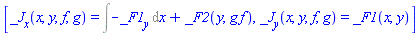 [_J[x](x, y, f(x, y), g(x, y)) = Int(-(diff(_F1(x, y), y)), x)+_F2(y, g(x, y)*f(x, y)), _J[y](x, y, f(x, y), g(x, y)) = _F1(x, y)]