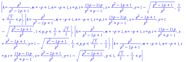 {k = p^3/(p^3-2*p+1), m = -p+1, n = -p+1, s = p, t = (3*p-2)*p/(p^2+p-1), x = (p^2-2*p+1)/p^2, y = 1-((p^2-2*p+1)/p^2)^(1/2), 3/2+(1/2)*5^(1/2) < p}, {k = p^3/(p^3-2*p+1), m = -p+1, n = -p+1, s = p, t = (3*p-2)*p/(p^2+p-1), x = (p^2-2*p+1)/p^2, y = 1-((p^2-2*p+1)/p^2)^(1/2), 1 < p, p < 3/2+(1/2)*5^(1/2)}, {k = p^3/(p^3-2*p+1), m = -p+1, n = -p+1, s = p, t = (3*p-2)*p/(p^2+p-1), x = (p^2-2*p+1)/p^2, y = 1-((p^2-2*p+1)/p^2)^(1/2), 1/2 < p, p < (1/2)*5^(1/2)-1/2}, {k = p^3/(p^3-2*p+1), m = -p+1, n = -p+1, s = p, t = (3*p-2)*p/(p^2+p-1), x = (p^2-2*p+1)/p^2, y = 1-((p^2-2*p+1)/p^2)^(1/2), p < 1, (1/2)*5^(1/2)-1/2 < p}