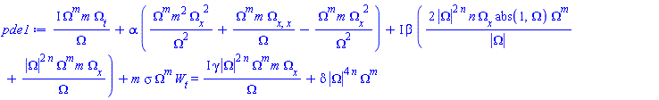 I*Omega(x, t)^m*m*(diff(Omega(x, t), t))/Omega(x, t)+alpha*(Omega(x, t)^m*m^2*(diff(Omega(x, t), x))^2/Omega(x, t)^2+Omega(x, t)^m*m*(diff(diff(Omega(x, t), x), x))/Omega(x, t)-Omega(x, t)^m*m*(diff(Omega(x, t), x))^2/Omega(x, t)^2)+I*beta*(2*abs(Omega(x, t))^(2*n)*n*(diff(Omega(x, t), x))*abs(1, Omega(x, t))*Omega(x, t)^m/abs(Omega(x, t))+abs(Omega(x, t))^(2*n)*Omega(x, t)^m*m*(diff(Omega(x, t), x))/Omega(x, t))+m*sigma*Omega(x, t)^m*(diff(W(t), t)) = I*gamma*abs(Omega(x, t))^(2*n)*Omega(x, t)^m*m*(diff(Omega(x, t), x))/Omega(x, t)+delta*abs(Omega(x, t))^(4*n)*Omega(x, t)^m