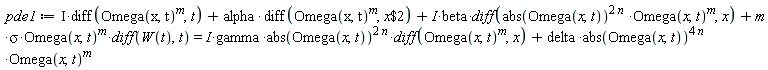 pde1 := I*(diff(Omega(x, t)^m, t))+alpha*(diff(Omega(x, t)^m, `$`(x, 2)))+I*beta*(diff(abs(Omega(x, t))^(2*n)*Omega(x, t)^m, x))+m*sigma*Omega(x, t)^m*(diff(W(t), t)) = I*gamma*abs(Omega(x, t))^(2*n)*(diff(Omega(x, t)^m, x))+delta*abs(Omega(x, t))^(4*n)*Omega(x, t)^m
