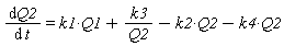 diff(Q2(t), t) = k1*Q1+k3/Q2(t)-k2*Q2(t)-k4*Q2(t)