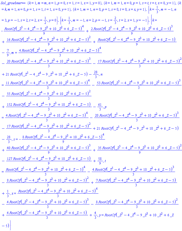 {k = 1, m = m, n = 1, p = 0, s = 1, t = 1, x = 1, y = 0}, {k = 1, m = 1, n = 0, p = 1, s = t, t = t, x = 0, y = 1}, {k = k, m = 1, n = 0, p = 1, s = 1, t = 1, x = 0, y = 1}, {k = 1, m = 1, n = 0, p = 1, s = 0, t = 0, x = x, y = 1}, {k = 1/3, m = -1, n = 3, p = -1, s = 2, t = 2, x = 1/2, y = 0}, {k = 1/3, m = -1, n = 2, p = -1, s = 2/3, t = 2, x = 1, y = -1}, {k = -(1/9)*RootOf(_Z^5-4*_Z^4-9*_Z^3+10*_Z^2+6*_Z-5)^4+(2/9)*RootOf(_Z^5-4*_Z^4-9*_Z^3+10*_Z^2+6*_Z-5)^3+(16/9)*RootOf(_Z^5-4*_Z^4-9*_Z^3+10*_Z^2+6*_Z-5)^2+(1/9)*RootOf(_Z^5-4*_Z^4-9*_Z^3+10*_Z^2+6*_Z-5)-7/9, m = (4/3)*RootOf(_Z^5-4*_Z^4-9*_Z^3+10*_Z^2+6*_Z-5)^4-(20/3)*RootOf(_Z^5-4*_Z^4-9*_Z^3+10*_Z^2+6*_Z-5)^3-(17/3)*RootOf(_Z^5-4*_Z^4-9*_Z^3+10*_Z^2+6*_Z-5)^2+21*RootOf(_Z^5-4*_Z^4-9*_Z^3+10*_Z^2+6*_Z-5)-28/3, n = (11/3)*RootOf(_Z^5-4*_Z^4-9*_Z^3+10*_Z^2+6*_Z-5)^4-(53/3)*RootOf(_Z^5-4*_Z^4-9*_Z^3+10*_Z^2+6*_Z-5)^3-(55/3)*RootOf(_Z^5-4*_Z^4-9*_Z^3+10*_Z^2+6*_Z-5)^2+(152/3)*RootOf(_Z^5-4*_Z^4-9*_Z^3+10*_Z^2+6*_Z-5)-61/3, p = (4/3)*RootOf(_Z^5-4*_Z^4-9*_Z^3+10*_Z^2+6*_Z-5)^4-(20/3)*RootOf(_Z^5-4*_Z^4-9*_Z^3+10*_Z^2+6*_Z-5)^3-(17/3)*RootOf(_Z^5-4*_Z^4-9*_Z^3+10*_Z^2+6*_Z-5)^2+21*RootOf(_Z^5-4*_Z^4-9*_Z^3+10*_Z^2+6*_Z-5)-28/3, s = -(8/9)*RootOf(_Z^5-4*_Z^4-9*_Z^3+10*_Z^2+6*_Z-5)^4+(40/9)*RootOf(_Z^5-4*_Z^4-9*_Z^3+10*_Z^2+6*_Z-5)^3+(35/9)*RootOf(_Z^5-4*_Z^4-9*_Z^3+10*_Z^2+6*_Z-5)^2-(127/9)*RootOf(_Z^5-4*_Z^4-9*_Z^3+10*_Z^2+6*_Z-5)+58/9, t = (1/3)*RootOf(_Z^5-4*_Z^4-9*_Z^3+10*_Z^2+6*_Z-5)^4-(4/3)*RootOf(_Z^5-4*_Z^4-9*_Z^3+10*_Z^2+6*_Z-5)^3-(8/3)*RootOf(_Z^5-4*_Z^4-9*_Z^3+10*_Z^2+6*_Z-5)^2+(7/3)*RootOf(_Z^5-4*_Z^4-9*_Z^3+10*_Z^2+6*_Z-5)+1/3, x = (1/3)*RootOf(_Z^5-4*_Z^4-9*_Z^3+10*_Z^2+6*_Z-5)^4-(4/3)*RootOf(_Z^5-4*_Z^4-9*_Z^3+10*_Z^2+6*_Z-5)^3-(8/3)*RootOf(_Z^5-4*_Z^4-9*_Z^3+10*_Z^2+6*_Z-5)^2+(4/3)*RootOf(_Z^5-4*_Z^4-9*_Z^3+10*_Z^2+6*_Z-5)+4/3, y = RootOf(_Z^5-4*_Z^4-9*_Z^3+10*_Z^2+6*_Z-5)}