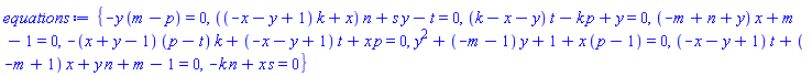 {-y*(m-p) = 0, ((-x-y+1)*k+x)*n+s*y-t = 0, (k-x-y)*t-k*p+y = 0, (-m+n+y)*x+m-1 = 0, -(x+y-1)*(p-t)*k+(-x-y+1)*t+x*p = 0, y^2+(-m-1)*y+1+x*(p-1) = 0, (-x-y+1)*t+(-m+1)*x+y*n+m-1 = 0, -k*n+s*x = 0}