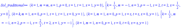 {k = 1, m = m, n = 1, p = 0, s = 1, t = 1, x = 1, y = 0}, {k = 1/3, m = -1, n = 3, p = -1, s = 2, t = 2, x = 1/2, y = 0}, {k = k, m = 1, n = 0, p = 1, s = 1, t = 1, x = 0, y = 1}, {k = 1, m = 1, n = 0, p = 1, s = s, t = s, x = 0, y = 1}, {k = 1/3, m = -1, n = 2, p = -1, s = 2/3, t = 2, x = 1, y = -1}, {k = 1, m = 1, n = 0, p = 1, s = 0, t = 0, x = x, y = 1}
