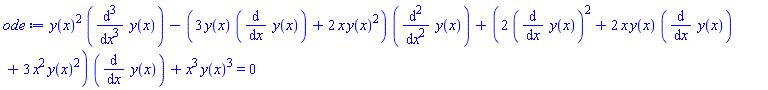 y(x)^2*(diff(diff(diff(y(x), x), x), x))-(3*y(x)*(diff(y(x), x))+2*x*y(x)^2)*(diff(diff(y(x), x), x))+(2*(diff(y(x), x))^2+2*x*y(x)*(diff(y(x), x))+3*x^2*y(x)^2)*(diff(y(x), x))+x^3*y(x)^3 = 0