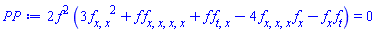 2*f(x, t)^2*(3*(diff(diff(f(x, t), x), x))^2+f(x, t)*(diff(diff(diff(diff(f(x, t), x), x), x), x))+f(x, t)*(diff(diff(f(x, t), t), x))-4*(diff(diff(diff(f(x, t), x), x), x))*(diff(f(x, t), x))-(diff(f(x, t), x))*(diff(f(x, t), t))) = 0