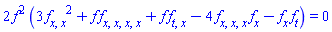 2*f(x, t)^2*(3*(diff(diff(f(x, t), x), x))^2+f(x, t)*(diff(diff(diff(diff(f(x, t), x), x), x), x))+f(x, t)*(diff(diff(f(x, t), t), x))-4*(diff(diff(diff(f(x, t), x), x), x))*(diff(f(x, t), x))-(diff(f(x, t), x))*(diff(f(x, t), t))) = 0