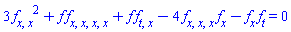 3*(diff(diff(f(x, t), x), x))^2+f(x, t)*(diff(diff(diff(diff(f(x, t), x), x), x), x))+f(x, t)*(diff(diff(f(x, t), t), x))-4*(diff(diff(diff(f(x, t), x), x), x))*(diff(f(x, t), x))-(diff(f(x, t), x))*(diff(f(x, t), t)) = 0