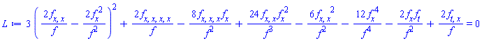 3*(2*(diff(diff(f(x, t), x), x))/f(x, t)-2*(diff(f(x, t), x))^2/f(x, t)^2)^2+2*(diff(diff(diff(diff(f(x, t), x), x), x), x))/f(x, t)-8*(diff(diff(diff(f(x, t), x), x), x))*(diff(f(x, t), x))/f(x, t)^2+24*(diff(diff(f(x, t), x), x))*(diff(f(x, t), x))^2/f(x, t)^3-6*(diff(diff(f(x, t), x), x))^2/f(x, t)^2-12*(diff(f(x, t), x))^4/f(x, t)^4-2*(diff(f(x, t), x))*(diff(f(x, t), t))/f(x, t)^2+2*(diff(diff(f(x, t), t), x))/f(x, t) = 0