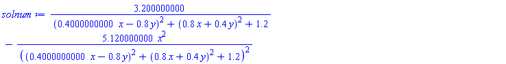 3.200000000/((.4000000000*x-.8*y)^2+(.8*x+.4*y)^2+1.2)-5.120000000*x^2/((.4000000000*x-.8*y)^2+(.8*x+.4*y)^2+1.2)^2