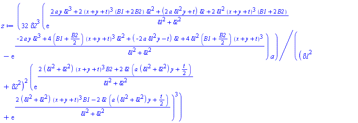 32*delta2^3*(exp((2*a*y*delta2^3+2*(x+y+t)^3*(B1+2*B2)*delta2^2+(2*a*delta1^2*y+t)*delta2+2*delta1^2*(x+y+t)^3*(B1+2*B2))/(delta1^2+delta2^2))-exp((-2*a*y*delta2^3+4*(B1+(1/2)*B2)*(x+y+t)^3*delta2^2+(-2*a*delta1^2*y-t)*delta2+4*delta1^2*(B1+(1/2)*B2)*(x+y+t)^3)/(delta1^2+delta2^2)))*a/((delta1^2+delta2^2)^2*(exp((2*(delta1^2+delta2^2)*(x+y+t)^3*B2+2*delta2*(a*(delta1^2+delta2^2)*y+(1/2)*t))/(delta1^2+delta2^2))+exp((2*(delta1^2+delta2^2)*(x+y+t)^3*B1-2*delta2*(a*(delta1^2+delta2^2)*y+(1/2)*t))/(delta1^2+delta2^2)))^3)