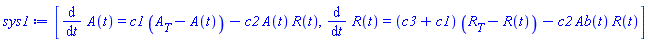 [diff(A(t), t) = c1*(A__T-A(t))-c2*A(t)*R(t), diff(R(t), t) = (c3+c1)*(R__T-R(t))-c2*Ab(t)*R(t)]