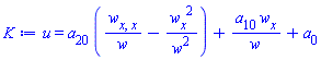 u(x, t) = a[20]*((diff(diff(w(x, t), x), x))/w(x, t)-(diff(w(x, t), x))^2/w(x, t)^2)+a[10]*(diff(w(x, t), x))/w(x, t)+a[0]