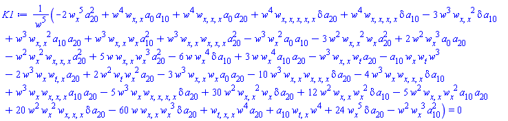 (w(x, t)^4*(diff(diff(w(x, t), x), x))*a[0]*a[10]+w(x, t)^4*(diff(diff(diff(w(x, t), x), x), x))*a[0]*a[20]+w(x, t)^4*(diff(diff(diff(diff(diff(w(x, t), x), x), x), x), x))*delta*a[20]+w(x, t)^4*(diff(diff(diff(diff(w(x, t), x), x), x), x))*delta*a[10]-3*w(x, t)^3*(diff(diff(w(x, t), x), x))^2*delta*a[10]+w(x, t)^3*(diff(diff(w(x, t), x), x))^2*a[10]*a[20]+w(x, t)^3*(diff(diff(w(x, t), x), x))*(diff(w(x, t), x))*a[10]^2+w(x, t)^3*(diff(diff(w(x, t), x), x))*(diff(diff(diff(w(x, t), x), x), x))*a[20]^2-w(x, t)^3*(diff(w(x, t), x))^2*a[0]*a[10]-3*w(x, t)^2*(diff(diff(w(x, t), x), x))^2*(diff(w(x, t), x))*a[20]^2+2*w(x, t)^2*(diff(w(x, t), x))^3*a[0]*a[20]-w(x, t)^2*(diff(w(x, t), x))^2*(diff(diff(diff(w(x, t), x), x), x))*a[20]^2+5*w(x, t)*(diff(diff(w(x, t), x), x))*(diff(w(x, t), x))^3*a[20]^2-6*w(x, t)*(diff(w(x, t), x))^4*delta*a[10]+3*w(x, t)*(diff(w(x, t), x))^4*a[10]*a[20]-w(x, t)^3*(diff(diff(w(x, t), x), x))*(diff(w(x, t), t))*a[20]-a[10]*(diff(w(x, t), x))*(diff(w(x, t), t))*w(x, t)^3-2*w(x, t)^3*(diff(w(x, t), x))*(diff(diff(w(x, t), t), x))*a[20]+2*w(x, t)^2*(diff(w(x, t), t))*(diff(w(x, t), x))^2*a[20]-3*w(x, t)^3*(diff(diff(w(x, t), x), x))*(diff(w(x, t), x))*a[0]*a[20]-10*w(x, t)^3*(diff(diff(w(x, t), x), x))*(diff(diff(diff(w(x, t), x), x), x))*delta*a[20]-4*w(x, t)^3*(diff(w(x, t), x))*(diff(diff(diff(w(x, t), x), x), x))*delta*a[10]+w(x, t)^3*(diff(w(x, t), x))*(diff(diff(diff(w(x, t), x), x), x))*a[10]*a[20]-5*w(x, t)^3*(diff(w(x, t), x))*(diff(diff(diff(diff(w(x, t), x), x), x), x))*delta*a[20]+30*w(x, t)^2*(diff(diff(w(x, t), x), x))^2*(diff(w(x, t), x))*delta*a[20]+12*w(x, t)^2*(diff(diff(w(x, t), x), x))*(diff(w(x, t), x))^2*delta*a[10]-5*w(x, t)^2*(diff(diff(w(x, t), x), x))*(diff(w(x, t), x))^2*a[10]*a[20]+20*w(x, t)^2*(diff(w(x, t), x))^2*(diff(diff(diff(w(x, t), x), x), x))*delta*a[20]-60*w(x, t)*(diff(diff(w(x, t), x), x))*(diff(w(x, t), x))^3*delta*a[20]-w(x, t)^2*(diff(w(x, t), x))^3*a[10]^2+24*(diff(w(x, t), x))^5*delta*a[20]+(diff(diff(diff(w(x, t), t), x), x))*w(x, t)^4*a[20]+a[10]*(diff(diff(w(x, t), t), x))*w(x, t)^4-2*(diff(w(x, t), x))^5*a[20]^2)/w(x, t)^5 = 0