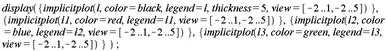 display({implicitplot(l, color = black, legend = l, thickness = 5, view = [-2 .. 1, -2 .. 5])}, {implicitplot(l1, color = red, legend = l1, view = [-2 .. 1, -2 .. 5])}, {implicitplot(l2, color = blue, legend = l2, view = [-2 .. 1, -2 .. 5])}, {implicitplot(l3, color = green, legend = l3, view = [-2 .. 1, -2 .. 5])})