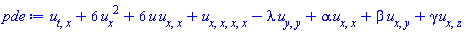diff(diff(u(x, y, z, t), t), x)+6*(diff(u(x, y, z, t), x))^2+6*u(x, y, z, t)*(diff(diff(u(x, y, z, t), x), x))+diff(diff(diff(diff(u(x, y, z, t), x), x), x), x)-lambda*(diff(diff(u(x, y, z, t), y), y))+alpha*(diff(diff(u(x, y, z, t), x), x))+beta*(diff(diff(u(x, y, z, t), x), y))+gamma*(diff(diff(u(x, y, z, t), x), z))