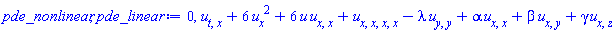 0, diff(diff(u(x, y, z, t), t), x)+6*(diff(u(x, y, z, t), x))^2+6*u(x, y, z, t)*(diff(diff(u(x, y, z, t), x), x))+diff(diff(diff(diff(u(x, y, z, t), x), x), x), x)-lambda*(diff(diff(u(x, y, z, t), y), y))+alpha*(diff(diff(u(x, y, z, t), x), x))+beta*(diff(diff(u(x, y, z, t), x), y))+gamma*(diff(diff(u(x, y, z, t), x), z))