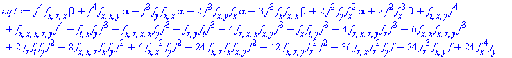 f(x, y, t)^4*(diff(diff(diff(f(x, y, t), x), x), x))*beta+f(x, y, t)^4*(diff(diff(diff(f(x, y, t), x), x), y))*alpha-f(x, y, t)^3*(diff(f(x, y, t), y))*(diff(diff(f(x, y, t), x), x))*alpha-2*f(x, y, t)^3*(diff(diff(f(x, y, t), x), y))*(diff(f(x, y, t), x))*alpha-3*f(x, y, t)^3*(diff(f(x, y, t), x))*(diff(diff(f(x, y, t), x), x))*beta+2*f(x, y, t)^2*(diff(f(x, y, t), y))*(diff(f(x, y, t), x))^2*alpha+2*f(x, y, t)^2*(diff(f(x, y, t), x))^3*beta+(diff(diff(diff(f(x, y, t), t), x), y))*f(x, y, t)^4+(diff(diff(diff(diff(diff(f(x, y, t), x), x), x), x), y))*f(x, y, t)^4-(diff(diff(f(x, y, t), t), x))*(diff(f(x, y, t), y))*f(x, y, t)^3-(diff(diff(diff(diff(f(x, y, t), x), x), x), x))*(diff(f(x, y, t), y))*f(x, y, t)^3-(diff(diff(f(x, y, t), x), y))*(diff(f(x, y, t), t))*f(x, y, t)^3-4*(diff(diff(diff(f(x, y, t), x), x), x))*(diff(diff(f(x, y, t), x), y))*f(x, y, t)^3-(diff(f(x, y, t), x))*(diff(diff(f(x, y, t), t), y))*f(x, y, t)^3-4*(diff(diff(diff(diff(f(x, y, t), x), x), x), y))*(diff(f(x, y, t), x))*f(x, y, t)^3-6*(diff(diff(f(x, y, t), x), x))*(diff(diff(diff(f(x, y, t), x), x), y))*f(x, y, t)^3+2*(diff(f(x, y, t), x))*(diff(f(x, y, t), t))*(diff(f(x, y, t), y))*f(x, y, t)^2+8*(diff(diff(diff(f(x, y, t), x), x), x))*(diff(f(x, y, t), x))*(diff(f(x, y, t), y))*f(x, y, t)^2+6*(diff(diff(f(x, y, t), x), x))^2*(diff(f(x, y, t), y))*f(x, y, t)^2+24*(diff(diff(f(x, y, t), x), x))*(diff(f(x, y, t), x))*(diff(diff(f(x, y, t), x), y))*f(x, y, t)^2+12*(diff(diff(diff(f(x, y, t), x), x), y))*(diff(f(x, y, t), x))^2*f(x, y, t)^2-36*(diff(diff(f(x, y, t), x), x))*(diff(f(x, y, t), x))^2*(diff(f(x, y, t), y))*f(x, y, t)-24*(diff(f(x, y, t), x))^3*(diff(diff(f(x, y, t), x), y))*f(x, y, t)+24*(diff(f(x, y, t), x))^4*(diff(f(x, y, t), y))
