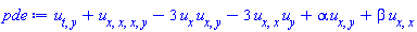 diff(diff(u(x, y, t), t), y)+diff(diff(diff(diff(u(x, y, t), x), x), x), y)-3*(diff(u(x, y, t), x))*(diff(diff(u(x, y, t), x), y))-3*(diff(diff(u(x, y, t), x), x))*(diff(u(x, y, t), y))+alpha*(diff(diff(u(x, y, t), x), y))+beta*(diff(diff(u(x, y, t), x), x))