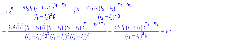 1+exp(eta[1])+6*l[2]*l[1]*(l[1]+l[2])*exp(eta[1]+eta[2])/((l[1]-l[2])^2*beta)+exp(eta[2])+6*l[3]*l[2]*(l[2]+l[3])*exp(eta[2]+eta[3])/((l[2]-l[3])^2*beta)+216*l[2]^2*l[1]^2*(l[1]+l[2])*l[3]^2*(l[1]+l[3])*(l[2]+l[3])*exp(eta[1]+eta[2]+eta[3])/((l[1]-l[2])^2*beta^3*(l[1]-l[3])^2*(l[2]-l[3])^2)+6*l[3]*l[1]*(l[1]+l[3])*exp(eta[1]+eta[3])/((l[1]-l[3])^2*beta)+exp(eta[3])