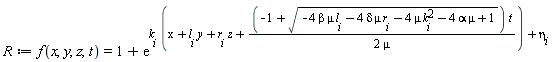 R := f(x, y, z, t) = 1+exp(k[i]*(x+l[i]*y+r[i]*z+(-1+sqrt(-4*beta*mu*l[i]-4*delta*mu*r[i]-4*mu*k[i]^2-4*alpha*mu+1))*t/(2*mu))+eta[i])