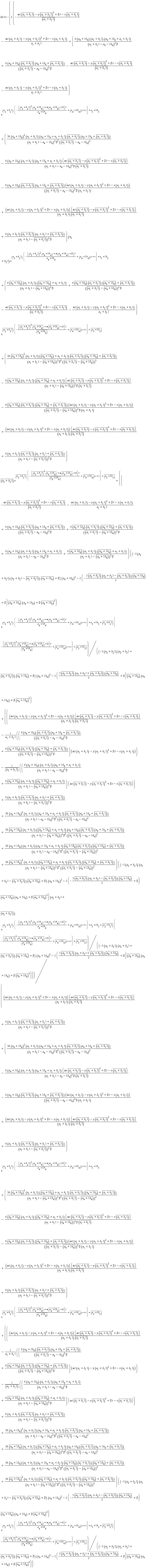 M := -(2*(-(alpha*t*conjugate(a[1]+I*b[1])-y*conjugate(a[1]+I*b[1])^2+beta*t-x*conjugate(a[1]+I*b[1]))/conjugate(a[1]+I*b[1])-(alpha*t*(a[1]+I*b[1])-y*(a[1]+I*b[1])^2+beta*t-x*(a[1]+I*b[1]))/(a[1]+I*b[1])+((6*(a[4]+I*b[4]))*(a[1]+I*b[1])*(a[4]+I*b[4]+a[1]+I*b[1])/((a[1]+I*b[1]-a[4]-I*b[4])^2*beta)+(6*(a[4]+I*b[4]))*conjugate(a[1]+I*b[1])*(a[4]+I*b[4]+conjugate(a[1]+I*b[1]))/((conjugate(a[1]+I*b[1])-a[4]-I*b[4])^2*beta)-(alpha*t*conjugate(a[1]+I*b[1])-y*conjugate(a[1]+I*b[1])^2+beta*t-x*conjugate(a[1]+I*b[1]))/conjugate(a[1]+I*b[1])-(alpha*t*(a[1]+I*b[1])-y*(a[1]+I*b[1])^2+beta*t-x*(a[1]+I*b[1]))/(a[1]+I*b[1]))*exp((a[2]+I*b[2])*(-((a[2]+I*b[2])^2*(a[4]+I*b[4])+alpha*(a[4]+I*b[4])+beta)*t/(a[4]+I*b[4])+(a[4]+I*b[4])*y+x)+a[3]+I*b[3])+(36*(a[4]+I*b[4])^2*(a[1]+I*b[1])*(a[4]+I*b[4]+a[1]+I*b[1])*conjugate(a[1]+I*b[1])*(a[4]+I*b[4]+conjugate(a[1]+I*b[1]))/((a[1]+I*b[1]-a[4]-I*b[4])^2*beta^2*(conjugate(a[1]+I*b[1])-a[4]-I*b[4])^2)-(6*(a[4]+I*b[4]))*(a[1]+I*b[1])*(a[4]+I*b[4]+a[1]+I*b[1])*(alpha*t*conjugate(a[1]+I*b[1])-y*conjugate(a[1]+I*b[1])^2+beta*t-x*conjugate(a[1]+I*b[1]))/((a[1]+I*b[1]-a[4]-I*b[4])^2*beta*conjugate(a[1]+I*b[1]))-(6*(a[4]+I*b[4]))*conjugate(a[1]+I*b[1])*(a[4]+I*b[4]+conjugate(a[1]+I*b[1]))*(alpha*t*(a[1]+I*b[1])-y*(a[1]+I*b[1])^2+beta*t-x*(a[1]+I*b[1]))/((conjugate(a[1]+I*b[1])-a[4]-I*b[4])^2*beta*(a[1]+I*b[1]))+(alpha*t*(a[1]+I*b[1])-y*(a[1]+I*b[1])^2+beta*t-x*(a[1]+I*b[1]))*(alpha*t*conjugate(a[1]+I*b[1])-y*conjugate(a[1]+I*b[1])^2+beta*t-x*conjugate(a[1]+I*b[1]))/((a[1]+I*b[1])*conjugate(a[1]+I*b[1]))+(6*(a[1]+I*b[1]))*conjugate(a[1]+I*b[1])*(a[1]+I*b[1]+conjugate(a[1]+I*b[1]))/((a[1]+I*b[1]-conjugate(a[1]+I*b[1]))^2*beta))*(a[2]+I*b[2])*exp((a[2]+I*b[2])*(-((a[2]+I*b[2])^2*(a[4]+I*b[4])+alpha*(a[4]+I*b[4])+beta)*t/(a[4]+I*b[4])+(a[4]+I*b[4])*y+x)+a[3]+I*b[3])+(6*conjugate(a[4]+I*b[4])*(a[1]+I*b[1])*(conjugate(a[4]+I*b[4])+a[1]+I*b[1])/((a[1]+I*b[1]-conjugate(a[4]+I*b[4]))^2*beta)+6*conjugate(a[4]+I*b[4])*conjugate(a[1]+I*b[1])*(conjugate(a[4]+I*b[4])+conjugate(a[1]+I*b[1]))/((conjugate(a[1]+I*b[1])-conjugate(a[4]+I*b[4]))^2*beta)-(alpha*t*conjugate(a[1]+I*b[1])-y*conjugate(a[1]+I*b[1])^2+beta*t-x*conjugate(a[1]+I*b[1]))/conjugate(a[1]+I*b[1])-(alpha*t*(a[1]+I*b[1])-y*(a[1]+I*b[1])^2+beta*t-x*(a[1]+I*b[1]))/(a[1]+I*b[1]))*exp(conjugate(a[2]+I*b[2])*(-(conjugate(a[2]+I*b[2])^2*conjugate(a[4]+I*b[4])+alpha*conjugate(a[4]+I*b[4])+beta)*t/conjugate(a[4]+I*b[4])+conjugate(a[4]+I*b[4])*y+x)+conjugate(a[3]+I*b[3]))+(36*conjugate(a[4]+I*b[4])^2*(a[1]+I*b[1])*(conjugate(a[4]+I*b[4])+a[1]+I*b[1])*conjugate(a[1]+I*b[1])*(conjugate(a[4]+I*b[4])+conjugate(a[1]+I*b[1]))/((a[1]+I*b[1]-conjugate(a[4]+I*b[4]))^2*beta^2*(conjugate(a[1]+I*b[1])-conjugate(a[4]+I*b[4]))^2)-6*conjugate(a[4]+I*b[4])*(a[1]+I*b[1])*(conjugate(a[4]+I*b[4])+a[1]+I*b[1])*(alpha*t*conjugate(a[1]+I*b[1])-y*conjugate(a[1]+I*b[1])^2+beta*t-x*conjugate(a[1]+I*b[1]))/((a[1]+I*b[1]-conjugate(a[4]+I*b[4]))^2*beta*conjugate(a[1]+I*b[1]))-6*conjugate(a[4]+I*b[4])*conjugate(a[1]+I*b[1])*(conjugate(a[4]+I*b[4])+conjugate(a[1]+I*b[1]))*(alpha*t*(a[1]+I*b[1])-y*(a[1]+I*b[1])^2+beta*t-x*(a[1]+I*b[1]))/((conjugate(a[1]+I*b[1])-conjugate(a[4]+I*b[4]))^2*beta*(a[1]+I*b[1]))+(alpha*t*(a[1]+I*b[1])-y*(a[1]+I*b[1])^2+beta*t-x*(a[1]+I*b[1]))*(alpha*t*conjugate(a[1]+I*b[1])-y*conjugate(a[1]+I*b[1])^2+beta*t-x*conjugate(a[1]+I*b[1]))/((a[1]+I*b[1])*conjugate(a[1]+I*b[1]))+(6*(a[1]+I*b[1]))*conjugate(a[1]+I*b[1])*(a[1]+I*b[1]+conjugate(a[1]+I*b[1]))/((a[1]+I*b[1]-conjugate(a[1]+I*b[1]))^2*beta))*conjugate(a[2]+I*b[2])*exp(conjugate(a[2]+I*b[2])*(-(conjugate(a[2]+I*b[2])^2*conjugate(a[4]+I*b[4])+alpha*conjugate(a[4]+I*b[4])+beta)*t/conjugate(a[4]+I*b[4])+conjugate(a[4]+I*b[4])*y+x)+conjugate(a[3]+I*b[3]))+(-(alpha*t*conjugate(a[1]+I*b[1])-y*conjugate(a[1]+I*b[1])^2+beta*t-x*conjugate(a[1]+I*b[1]))/conjugate(a[1]+I*b[1])-(alpha*t*(a[1]+I*b[1])-y*(a[1]+I*b[1])^2+beta*t-x*(a[1]+I*b[1]))/(a[1]+I*b[1])+(6*(a[4]+I*b[4]))*conjugate(a[1]+I*b[1])*(a[4]+I*b[4]+conjugate(a[1]+I*b[1]))/((conjugate(a[1]+I*b[1])-a[4]-I*b[4])^2*beta)+6*conjugate(a[4]+I*b[4])*conjugate(a[1]+I*b[1])*(conjugate(a[4]+I*b[4])+conjugate(a[1]+I*b[1]))/((conjugate(a[1]+I*b[1])-conjugate(a[4]+I*b[4]))^2*beta)+(6*(a[4]+I*b[4]))*(a[1]+I*b[1])*(a[4]+I*b[4]+a[1]+I*b[1])/((a[1]+I*b[1]-a[4]-I*b[4])^2*beta)+6*conjugate(a[4]+I*b[4])*(a[1]+I*b[1])*(conjugate(a[4]+I*b[4])+a[1]+I*b[1])/((a[1]+I*b[1]-conjugate(a[4]+I*b[4]))^2*beta))*((-(3*(a[2]+I*b[2]))*(a[2]+I*b[2]-conjugate(a[2]+I*b[2]))*conjugate(a[4]+I*b[4])+beta)*(a[4]+I*b[4])^2-(2*(-3*conjugate(a[2]+I*b[2])*(a[2]+I*b[2]-conjugate(a[2]+I*b[2]))*conjugate(a[4]+I*b[4])*(1/2)+beta))*conjugate(a[4]+I*b[4])*(a[4]+I*b[4])+beta*conjugate(a[4]+I*b[4])^2)*exp((a[2]+I*b[2])*(-((a[2]+I*b[2])^2*(a[4]+I*b[4])+alpha*(a[4]+I*b[4])+beta)*t/(a[4]+I*b[4])+(a[4]+I*b[4])*y+x)+a[3]+I*b[3]+conjugate(a[2]+I*b[2])*(-(conjugate(a[2]+I*b[2])^2*conjugate(a[4]+I*b[4])+alpha*conjugate(a[4]+I*b[4])+beta)*t/conjugate(a[4]+I*b[4])+conjugate(a[4]+I*b[4])*y+x)+conjugate(a[3]+I*b[3]))/((-(3*(a[2]+I*b[2]))*(a[2]+I*b[2]+conjugate(a[2]+I*b[2]))*conjugate(a[4]+I*b[4])+beta)*(a[4]+I*b[4])^2-(2*(3*conjugate(a[2]+I*b[2])*(a[2]+I*b[2]+conjugate(a[2]+I*b[2]))*conjugate(a[4]+I*b[4])*(1/2)+beta))*conjugate(a[4]+I*b[4])*(a[4]+I*b[4])+beta*conjugate(a[4]+I*b[4])^2)+((alpha*t*(a[1]+I*b[1])-y*(a[1]+I*b[1])^2+beta*t-x*(a[1]+I*b[1]))*(alpha*t*conjugate(a[1]+I*b[1])-y*conjugate(a[1]+I*b[1])^2+beta*t-x*conjugate(a[1]+I*b[1]))/((a[1]+I*b[1])*conjugate(a[1]+I*b[1]))-((6*(a[4]+I*b[4]))*conjugate(a[1]+I*b[1])*(a[4]+I*b[4]+conjugate(a[1]+I*b[1]))/((conjugate(a[1]+I*b[1])-a[4]-I*b[4])^2*beta)+6*conjugate(a[4]+I*b[4])*conjugate(a[1]+I*b[1])*(conjugate(a[4]+I*b[4])+conjugate(a[1]+I*b[1]))/((conjugate(a[1]+I*b[1])-conjugate(a[4]+I*b[4]))^2*beta))*(alpha*t*(a[1]+I*b[1])-y*(a[1]+I*b[1])^2+beta*t-x*(a[1]+I*b[1]))/(a[1]+I*b[1])-((6*(a[4]+I*b[4]))*(a[1]+I*b[1])*(a[4]+I*b[4]+a[1]+I*b[1])/((a[1]+I*b[1]-a[4]-I*b[4])^2*beta)+6*conjugate(a[4]+I*b[4])*(a[1]+I*b[1])*(conjugate(a[4]+I*b[4])+a[1]+I*b[1])/((a[1]+I*b[1]-conjugate(a[4]+I*b[4]))^2*beta))*(alpha*t*conjugate(a[1]+I*b[1])-y*conjugate(a[1]+I*b[1])^2+beta*t-x*conjugate(a[1]+I*b[1]))/conjugate(a[1]+I*b[1])+(6*(a[1]+I*b[1]))*conjugate(a[1]+I*b[1])*(a[1]+I*b[1]+conjugate(a[1]+I*b[1]))/((a[1]+I*b[1]-conjugate(a[1]+I*b[1]))^2*beta)+36*(a[4]+I*b[4])^2*(a[1]+I*b[1])*(a[4]+I*b[4]+a[1]+I*b[1])*conjugate(a[1]+I*b[1])*(a[4]+I*b[4]+conjugate(a[1]+I*b[1]))/((a[1]+I*b[1]-a[4]-I*b[4])^2*beta^2*(conjugate(a[1]+I*b[1])-a[4]-I*b[4])^2)+36*conjugate(a[4]+I*b[4])*(a[1]+I*b[1])*(conjugate(a[4]+I*b[4])+a[1]+I*b[1])*(a[4]+I*b[4])*conjugate(a[1]+I*b[1])*(a[4]+I*b[4]+conjugate(a[1]+I*b[1]))/((a[1]+I*b[1]-conjugate(a[4]+I*b[4]))^2*beta^2*(conjugate(a[1]+I*b[1])-a[4]-I*b[4])^2)+(36*(a[4]+I*b[4]))*(a[1]+I*b[1])*(a[4]+I*b[4]+a[1]+I*b[1])*conjugate(a[4]+I*b[4])*conjugate(a[1]+I*b[1])*(conjugate(a[4]+I*b[4])+conjugate(a[1]+I*b[1]))/((a[1]+I*b[1]-a[4]-I*b[4])^2*beta^2*(conjugate(a[1]+I*b[1])-conjugate(a[4]+I*b[4]))^2)+36*conjugate(a[4]+I*b[4])^2*(a[1]+I*b[1])*(conjugate(a[4]+I*b[4])+a[1]+I*b[1])*conjugate(a[1]+I*b[1])*(conjugate(a[4]+I*b[4])+conjugate(a[1]+I*b[1]))/((a[1]+I*b[1]-conjugate(a[4]+I*b[4]))^2*beta^2*(conjugate(a[1]+I*b[1])-conjugate(a[4]+I*b[4]))^2))*((-(3*(a[2]+I*b[2]))*(a[2]+I*b[2]-conjugate(a[2]+I*b[2]))*conjugate(a[4]+I*b[4])+beta)*(a[4]+I*b[4])^2-(2*(-3*conjugate(a[2]+I*b[2])*(a[2]+I*b[2]-conjugate(a[2]+I*b[2]))*conjugate(a[4]+I*b[4])*(1/2)+beta))*conjugate(a[4]+I*b[4])*(a[4]+I*b[4])+beta*conjugate(a[4]+I*b[4])^2)*(a[2]+I*b[2]+conjugate(a[2]+I*b[2]))*exp((a[2]+I*b[2])*(-((a[2]+I*b[2])^2*(a[4]+I*b[4])+alpha*(a[4]+I*b[4])+beta)*t/(a[4]+I*b[4])+(a[4]+I*b[4])*y+x)+a[3]+I*b[3]+conjugate(a[2]+I*b[2])*(-(conjugate(a[2]+I*b[2])^2*conjugate(a[4]+I*b[4])+alpha*conjugate(a[4]+I*b[4])+beta)*t/conjugate(a[4]+I*b[4])+conjugate(a[4]+I*b[4])*y+x)+conjugate(a[3]+I*b[3]))/((-(3*(a[2]+I*b[2]))*(a[2]+I*b[2]+conjugate(a[2]+I*b[2]))*conjugate(a[4]+I*b[4])+beta)*(a[4]+I*b[4])^2-(2*(3*conjugate(a[2]+I*b[2])*(a[2]+I*b[2]+conjugate(a[2]+I*b[2]))*conjugate(a[4]+I*b[4])*(1/2)+beta))*conjugate(a[4]+I*b[4])*(a[4]+I*b[4])+beta*conjugate(a[4]+I*b[4])^2)))/((alpha*t*(a[1]+I*b[1])-y*(a[1]+I*b[1])^2+beta*t-x*(a[1]+I*b[1]))*(alpha*t*conjugate(a[1]+I*b[1])-y*conjugate(a[1]+I*b[1])^2+beta*t-x*conjugate(a[1]+I*b[1]))/((a[1]+I*b[1])*conjugate(a[1]+I*b[1]))+(6*(a[1]+I*b[1]))*conjugate(a[1]+I*b[1])*(a[1]+I*b[1]+conjugate(a[1]+I*b[1]))/((a[1]+I*b[1]-conjugate(a[1]+I*b[1]))^2*beta)+(36*(a[4]+I*b[4])^2*(a[1]+I*b[1])*(a[4]+I*b[4]+a[1]+I*b[1])*conjugate(a[1]+I*b[1])*(a[4]+I*b[4]+conjugate(a[1]+I*b[1]))/((a[1]+I*b[1]-a[4]-I*b[4])^2*beta^2*(conjugate(a[1]+I*b[1])-a[4]-I*b[4])^2)-(6*(a[4]+I*b[4]))*(a[1]+I*b[1])*(a[4]+I*b[4]+a[1]+I*b[1])*(alpha*t*conjugate(a[1]+I*b[1])-y*conjugate(a[1]+I*b[1])^2+beta*t-x*conjugate(a[1]+I*b[1]))/((a[1]+I*b[1]-a[4]-I*b[4])^2*beta*conjugate(a[1]+I*b[1]))-(6*(a[4]+I*b[4]))*conjugate(a[1]+I*b[1])*(a[4]+I*b[4]+conjugate(a[1]+I*b[1]))*(alpha*t*(a[1]+I*b[1])-y*(a[1]+I*b[1])^2+beta*t-x*(a[1]+I*b[1]))/((conjugate(a[1]+I*b[1])-a[4]-I*b[4])^2*beta*(a[1]+I*b[1]))+(alpha*t*(a[1]+I*b[1])-y*(a[1]+I*b[1])^2+beta*t-x*(a[1]+I*b[1]))*(alpha*t*conjugate(a[1]+I*b[1])-y*conjugate(a[1]+I*b[1])^2+beta*t-x*conjugate(a[1]+I*b[1]))/((a[1]+I*b[1])*conjugate(a[1]+I*b[1]))+(6*(a[1]+I*b[1]))*conjugate(a[1]+I*b[1])*(a[1]+I*b[1]+conjugate(a[1]+I*b[1]))/((a[1]+I*b[1]-conjugate(a[1]+I*b[1]))^2*beta))*exp((a[2]+I*b[2])*(-((a[2]+I*b[2])^2*(a[4]+I*b[4])+alpha*(a[4]+I*b[4])+beta)*t/(a[4]+I*b[4])+(a[4]+I*b[4])*y+x)+a[3]+I*b[3])+(36*conjugate(a[4]+I*b[4])^2*(a[1]+I*b[1])*(conjugate(a[4]+I*b[4])+a[1]+I*b[1])*conjugate(a[1]+I*b[1])*(conjugate(a[4]+I*b[4])+conjugate(a[1]+I*b[1]))/((a[1]+I*b[1]-conjugate(a[4]+I*b[4]))^2*beta^2*(conjugate(a[1]+I*b[1])-conjugate(a[4]+I*b[4]))^2)-6*conjugate(a[4]+I*b[4])*(a[1]+I*b[1])*(conjugate(a[4]+I*b[4])+a[1]+I*b[1])*(alpha*t*conjugate(a[1]+I*b[1])-y*conjugate(a[1]+I*b[1])^2+beta*t-x*conjugate(a[1]+I*b[1]))/((a[1]+I*b[1]-conjugate(a[4]+I*b[4]))^2*beta*conjugate(a[1]+I*b[1]))-6*conjugate(a[4]+I*b[4])*conjugate(a[1]+I*b[1])*(conjugate(a[4]+I*b[4])+conjugate(a[1]+I*b[1]))*(alpha*t*(a[1]+I*b[1])-y*(a[1]+I*b[1])^2+beta*t-x*(a[1]+I*b[1]))/((conjugate(a[1]+I*b[1])-conjugate(a[4]+I*b[4]))^2*beta*(a[1]+I*b[1]))+(alpha*t*(a[1]+I*b[1])-y*(a[1]+I*b[1])^2+beta*t-x*(a[1]+I*b[1]))*(alpha*t*conjugate(a[1]+I*b[1])-y*conjugate(a[1]+I*b[1])^2+beta*t-x*conjugate(a[1]+I*b[1]))/((a[1]+I*b[1])*conjugate(a[1]+I*b[1]))+(6*(a[1]+I*b[1]))*conjugate(a[1]+I*b[1])*(a[1]+I*b[1]+conjugate(a[1]+I*b[1]))/((a[1]+I*b[1]-conjugate(a[1]+I*b[1]))^2*beta))*exp(conjugate(a[2]+I*b[2])*(-(conjugate(a[2]+I*b[2])^2*conjugate(a[4]+I*b[4])+alpha*conjugate(a[4]+I*b[4])+beta)*t/conjugate(a[4]+I*b[4])+conjugate(a[4]+I*b[4])*y+x)+conjugate(a[3]+I*b[3]))+((alpha*t*(a[1]+I*b[1])-y*(a[1]+I*b[1])^2+beta*t-x*(a[1]+I*b[1]))*(alpha*t*conjugate(a[1]+I*b[1])-y*conjugate(a[1]+I*b[1])^2+beta*t-x*conjugate(a[1]+I*b[1]))/((a[1]+I*b[1])*conjugate(a[1]+I*b[1]))-((6*(a[4]+I*b[4]))*conjugate(a[1]+I*b[1])*(a[4]+I*b[4]+conjugate(a[1]+I*b[1]))/((conjugate(a[1]+I*b[1])-a[4]-I*b[4])^2*beta)+6*conjugate(a[4]+I*b[4])*conjugate(a[1]+I*b[1])*(conjugate(a[4]+I*b[4])+conjugate(a[1]+I*b[1]))/((conjugate(a[1]+I*b[1])-conjugate(a[4]+I*b[4]))^2*beta))*(alpha*t*(a[1]+I*b[1])-y*(a[1]+I*b[1])^2+beta*t-x*(a[1]+I*b[1]))/(a[1]+I*b[1])-((6*(a[4]+I*b[4]))*(a[1]+I*b[1])*(a[4]+I*b[4]+a[1]+I*b[1])/((a[1]+I*b[1]-a[4]-I*b[4])^2*beta)+6*conjugate(a[4]+I*b[4])*(a[1]+I*b[1])*(conjugate(a[4]+I*b[4])+a[1]+I*b[1])/((a[1]+I*b[1]-conjugate(a[4]+I*b[4]))^2*beta))*(alpha*t*conjugate(a[1]+I*b[1])-y*conjugate(a[1]+I*b[1])^2+beta*t-x*conjugate(a[1]+I*b[1]))/conjugate(a[1]+I*b[1])+(6*(a[1]+I*b[1]))*conjugate(a[1]+I*b[1])*(a[1]+I*b[1]+conjugate(a[1]+I*b[1]))/((a[1]+I*b[1]-conjugate(a[1]+I*b[1]))^2*beta)+36*(a[4]+I*b[4])^2*(a[1]+I*b[1])*(a[4]+I*b[4]+a[1]+I*b[1])*conjugate(a[1]+I*b[1])*(a[4]+I*b[4]+conjugate(a[1]+I*b[1]))/((a[1]+I*b[1]-a[4]-I*b[4])^2*beta^2*(conjugate(a[1]+I*b[1])-a[4]-I*b[4])^2)+36*conjugate(a[4]+I*b[4])*(a[1]+I*b[1])*(conjugate(a[4]+I*b[4])+a[1]+I*b[1])*(a[4]+I*b[4])*conjugate(a[1]+I*b[1])*(a[4]+I*b[4]+conjugate(a[1]+I*b[1]))/((a[1]+I*b[1]-conjugate(a[4]+I*b[4]))^2*beta^2*(conjugate(a[1]+I*b[1])-a[4]-I*b[4])^2)+(36*(a[4]+I*b[4]))*(a[1]+I*b[1])*(a[4]+I*b[4]+a[1]+I*b[1])*conjugate(a[4]+I*b[4])*conjugate(a[1]+I*b[1])*(conjugate(a[4]+I*b[4])+conjugate(a[1]+I*b[1]))/((a[1]+I*b[1]-a[4]-I*b[4])^2*beta^2*(conjugate(a[1]+I*b[1])-conjugate(a[4]+I*b[4]))^2)+36*conjugate(a[4]+I*b[4])^2*(a[1]+I*b[1])*(conjugate(a[4]+I*b[4])+a[1]+I*b[1])*conjugate(a[1]+I*b[1])*(conjugate(a[4]+I*b[4])+conjugate(a[1]+I*b[1]))/((a[1]+I*b[1]-conjugate(a[4]+I*b[4]))^2*beta^2*(conjugate(a[1]+I*b[1])-conjugate(a[4]+I*b[4]))^2))*((-(3*(a[2]+I*b[2]))*(a[2]+I*b[2]-conjugate(a[2]+I*b[2]))*conjugate(a[4]+I*b[4])+beta)*(a[4]+I*b[4])^2-(2*(-3*conjugate(a[2]+I*b[2])*(a[2]+I*b[2]-conjugate(a[2]+I*b[2]))*conjugate(a[4]+I*b[4])*(1/2)+beta))*conjugate(a[4]+I*b[4])*(a[4]+I*b[4])+beta*conjugate(a[4]+I*b[4])^2)*exp((a[2]+I*b[2])*(-((a[2]+I*b[2])^2*(a[4]+I*b[4])+alpha*(a[4]+I*b[4])+beta)*t/(a[4]+I*b[4])+(a[4]+I*b[4])*y+x)+a[3]+I*b[3]+conjugate(a[2]+I*b[2])*(-(conjugate(a[2]+I*b[2])^2*conjugate(a[4]+I*b[4])+alpha*conjugate(a[4]+I*b[4])+beta)*t/conjugate(a[4]+I*b[4])+conjugate(a[4]+I*b[4])*y+x)+conjugate(a[3]+I*b[3]))/((-(3*(a[2]+I*b[2]))*(a[2]+I*b[2]+conjugate(a[2]+I*b[2]))*conjugate(a[4]+I*b[4])+beta)*(a[4]+I*b[4])^2-(2*(3*conjugate(a[2]+I*b[2])*(a[2]+I*b[2]+conjugate(a[2]+I*b[2]))*conjugate(a[4]+I*b[4])*(1/2)+beta))*conjugate(a[4]+I*b[4])*(a[4]+I*b[4])+beta*conjugate(a[4]+I*b[4])^2))