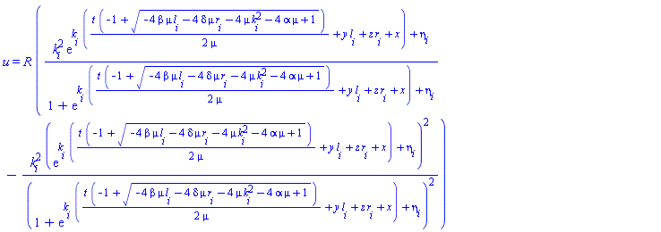 u(x, y, z, t) = R*(k[i]^2*exp(k[i]*((1/2)*t*(-1+(-4*beta*mu*l[i]-4*delta*mu*r[i]-4*mu*k[i]^2-4*alpha*mu+1)^(1/2))/mu+y*l[i]+z*r[i]+x)+eta[i])/(1+exp(k[i]*((1/2)*t*(-1+(-4*beta*mu*l[i]-4*delta*mu*r[i]-4*mu*k[i]^2-4*alpha*mu+1)^(1/2))/mu+y*l[i]+z*r[i]+x)+eta[i]))-k[i]^2*(exp(k[i]*((1/2)*t*(-1+(-4*beta*mu*l[i]-4*delta*mu*r[i]-4*mu*k[i]^2-4*alpha*mu+1)^(1/2))/mu+y*l[i]+z*r[i]+x)+eta[i]))^2/(1+exp(k[i]*((1/2)*t*(-1+(-4*beta*mu*l[i]-4*delta*mu*r[i]-4*mu*k[i]^2-4*alpha*mu+1)^(1/2))/mu+y*l[i]+z*r[i]+x)+eta[i]))^2)