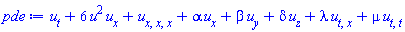 diff(u(x, y, z, t), t)+6*u(x, y, z, t)^2*(diff(u(x, y, z, t), x))+diff(diff(diff(u(x, y, z, t), x), x), x)+alpha*(diff(u(x, y, z, t), x))+beta*(diff(u(x, y, z, t), y))+delta*(diff(u(x, y, z, t), z))+lambda*(diff(diff(u(x, y, z, t), t), x))+mu*(diff(diff(u(x, y, z, t), t), t))