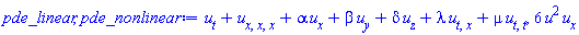 diff(u(x, y, z, t), t)+diff(diff(diff(u(x, y, z, t), x), x), x)+alpha*(diff(u(x, y, z, t), x))+beta*(diff(u(x, y, z, t), y))+delta*(diff(u(x, y, z, t), z))+lambda*(diff(diff(u(x, y, z, t), t), x))+mu*(diff(diff(u(x, y, z, t), t), t)), 6*u(x, y, z, t)^2*(diff(u(x, y, z, t), x))