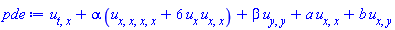 diff(diff(u(x, y, t), t), x)+alpha*(diff(diff(diff(diff(u(x, y, t), x), x), x), x)+6*(diff(u(x, y, t), x))*(diff(diff(u(x, y, t), x), x)))+beta*(diff(diff(u(x, y, t), y), y))+a*(diff(diff(u(x, y, t), x), x))+b*(diff(diff(u(x, y, t), x), y))