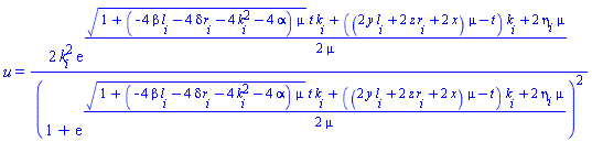 u(x, y, z, t) = 2*k[i]^2*exp((1/2)*((1+(-4*beta*l[i]-4*delta*r[i]-4*k[i]^2-4*alpha)*mu)^(1/2)*t*k[i]+((2*y*l[i]+2*z*r[i]+2*x)*mu-t)*k[i]+2*eta[i]*mu)/mu)/(1+exp((1/2)*((1+(-4*beta*l[i]-4*delta*r[i]-4*k[i]^2-4*alpha)*mu)^(1/2)*t*k[i]+((2*y*l[i]+2*z*r[i]+2*x)*mu-t)*k[i]+2*eta[i]*mu)/mu))^2