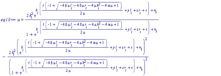 u(x, y, z, t) = 2*k[i]^2*exp(k[i]*((1/2)*t*(-1+(-4*beta*mu*l[i]-4*delta*mu*r[i]-4*mu*k[i]^2-4*alpha*mu+1)^(1/2))/mu+y*l[i]+z*r[i]+x)+eta[i])/(1+exp(k[i]*((1/2)*t*(-1+(-4*beta*mu*l[i]-4*delta*mu*r[i]-4*mu*k[i]^2-4*alpha*mu+1)^(1/2))/mu+y*l[i]+z*r[i]+x)+eta[i]))-2*k[i]^2*(exp(k[i]*((1/2)*t*(-1+(-4*beta*mu*l[i]-4*delta*mu*r[i]-4*mu*k[i]^2-4*alpha*mu+1)^(1/2))/mu+y*l[i]+z*r[i]+x)+eta[i]))^2/(1+exp(k[i]*((1/2)*t*(-1+(-4*beta*mu*l[i]-4*delta*mu*r[i]-4*mu*k[i]^2-4*alpha*mu+1)^(1/2))/mu+y*l[i]+z*r[i]+x)+eta[i]))^2