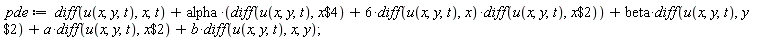 pde := diff(u(x, y, t), x, t)+alpha*(diff(u(x, y, t), `$`(x, 4))+6*(diff(u(x, y, t), x))*(diff(u(x, y, t), `$`(x, 2))))+beta*(diff(u(x, y, t), `$`(y, 2)))+a*(diff(u(x, y, t), `$`(x, 2)))+b*(diff(u(x, y, t), x, y))