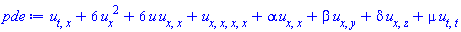 diff(diff(u(x, y, z, t), t), x)+6*(diff(u(x, y, z, t), x))^2+6*u(x, y, z, t)*(diff(diff(u(x, y, z, t), x), x))+diff(diff(diff(diff(u(x, y, z, t), x), x), x), x)+alpha*(diff(diff(u(x, y, z, t), x), x))+beta*(diff(diff(u(x, y, z, t), x), y))+delta*(diff(diff(u(x, y, z, t), x), z))+mu*(diff(diff(u(x, y, z, t), t), t))