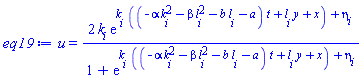u(x, y, t) = 2*k[i]*exp(k[i]*((-alpha*k[i]^2-beta*l[i]^2-b*l[i]-a)*t+l[i]*y+x)+eta[i])/(1+exp(k[i]*((-alpha*k[i]^2-beta*l[i]^2-b*l[i]-a)*t+l[i]*y+x)+eta[i]))