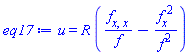 u(x, y, z, t) = R*((diff(diff(f(x, y, z, t), x), x))/f(x, y, z, t)-(diff(f(x, y, z, t), x))^2/f(x, y, z, t)^2)